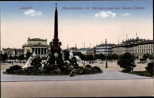 Ak Leipzig in Sachsen, Augustusplatz, Mendebrunnen, Neues Theater