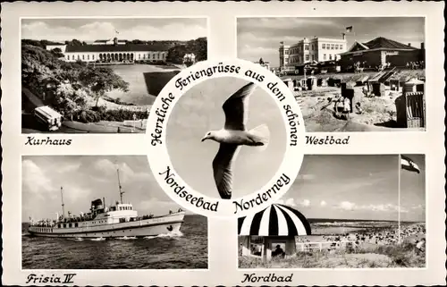 Ak Nordseebad Norderney Ostfriesland, Kurhaus, Westbad, Frisia IV, Nordbad, Möwe