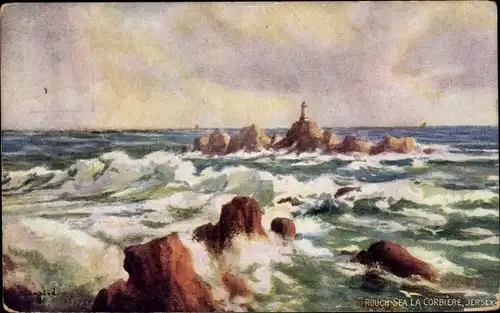 Künstler Ak Kanalinsel Jersey, Rouch Sea la Corbière, phare
