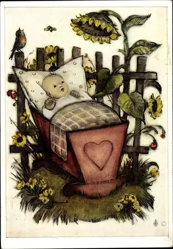 Künstler Ak Hummel, Berta, Sonnenblumen, Kinderbett