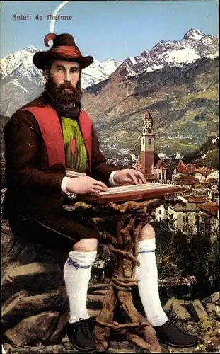 Ak Meran Merano Südtirol, Teilansicht, Mann in Tracht