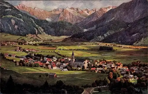 Künstler Ak Marschall, V., Bad Hindelang im Oberallgäu, Blick auf den Ort mit Gebirge, Kirche