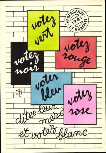 Ak 1981 Propaganda und Graffiti, Abstimmung grün, rot, blau, rosa, schwarz