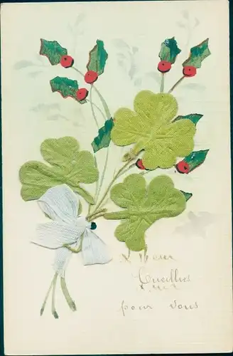 Stoff Ak Stoffschleife, Glücksklee, Kitsch