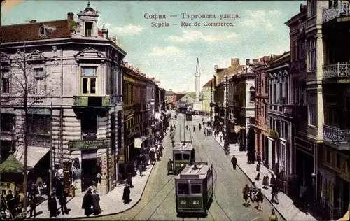 Ak Sofia Bulgarien, Rue de Commerce, Straßenbahnen