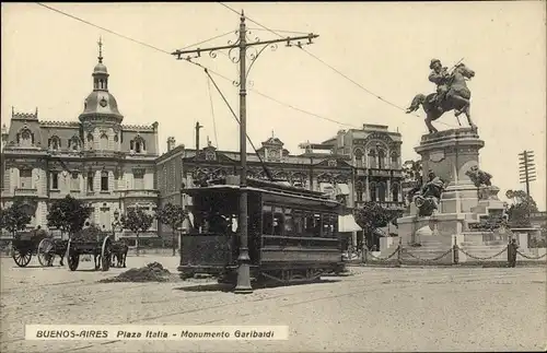 Ak Buenos Aires Argentinien, Plaza Italia, Monumento Garibaldi, Straßenbahn