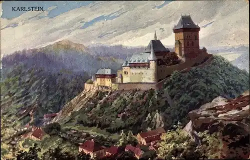 Künstler Ak Karlštejn Karlstein Mittelböhmen, Karluv Tyn, Burg Karlštejn und Umgebung