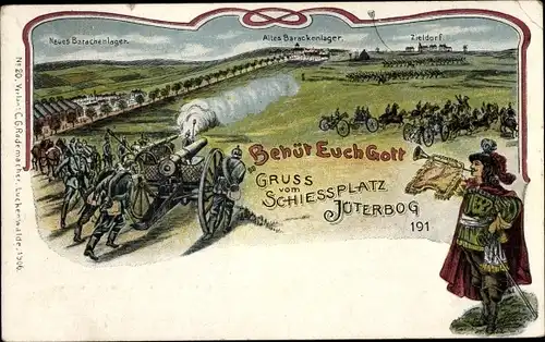 Litho Altes Lager bei Jüterbog in Brandenburg, Schiessplatz, Trompeter, Barackenlager, Zieldorf