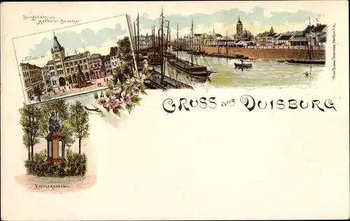 Litho Duisburg im Ruhrgebiet, Hafen, Kriegerdenkmal, Burgplatz