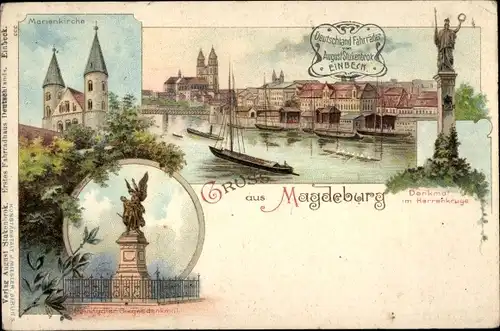 Litho Magdeburg, Marienkirche, Denkmal im Herrenkruge, Neustädter Siegesdenkmal