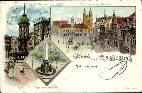 Litho Magdeburg, Kaiser Otto Denkmal, Alter Markt mit Rathaus, Hasselbachbrunnen