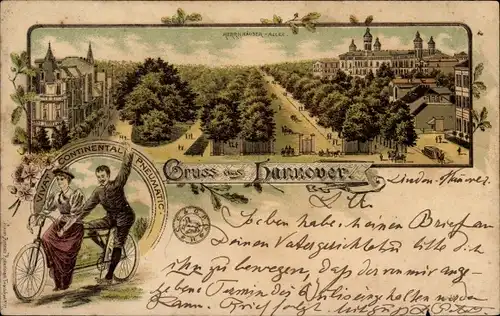 Litho Hannover in Niedersachsen, Herrnhäuser Allee, Paar auf Tandem Fahrrad