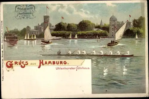 Litho Hamburg Nord Uhlenhorst, Blick auf das Uhlenhorster Fährhaus, Ruderer