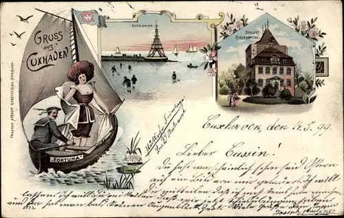 Litho Nordseebad Cuxhaven, Kugelbaake, Ritzebüttel, Kriegerdenkmal, Segelboot Fortuna