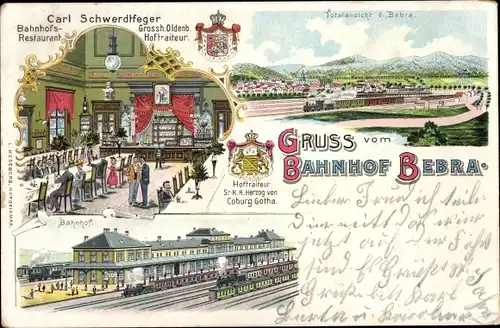 Litho Bebra an der Fulda in Hessen, Bahnhof, Gleisseite, Bahnhofsrestaurant Carl Schwerdtfeger