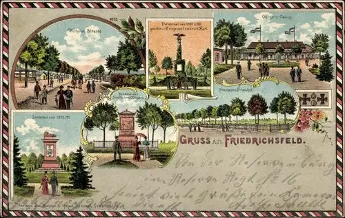 Litho Friedrichsfeld Voerde am Niederrhein, Kriegerdenkmal, Offizierkasino, Franzosenfriedhof