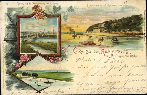 Litho Mülheim an der Ruhr, Kahlenberg, Kettenbrücke, Panorama