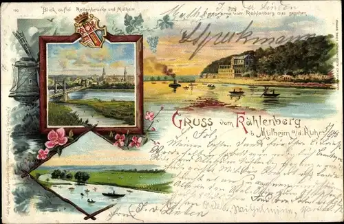 Litho Mülheim an der Ruhr, Kahlenberg, Kettenbrücke, Panorama