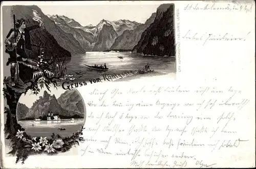 Vorläufer Litho Königsee Königssee Oberbayern, Wanderer, Gebirge, See, 1895