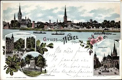 Litho Wesel am Niederrhein, Kaiserplatz, Kaiserhof, Denkmal, Großer Markt