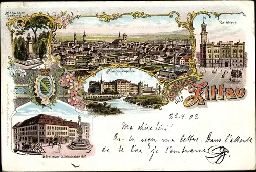 Litho Zittau in der Oberlausitz, Mandaukaserne, Hotel zum Sächsischen Hof, Rathaus, Denkmal