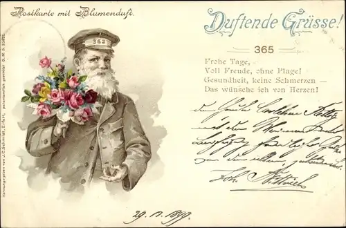 Litho Glückwunsch Neujahr, Mann mit Blumenstrauß