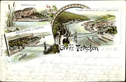 Litho Děčín Tetschen Bodenbach Elbe Reg. Aussig, Schäferwand, Schloss, Brücke