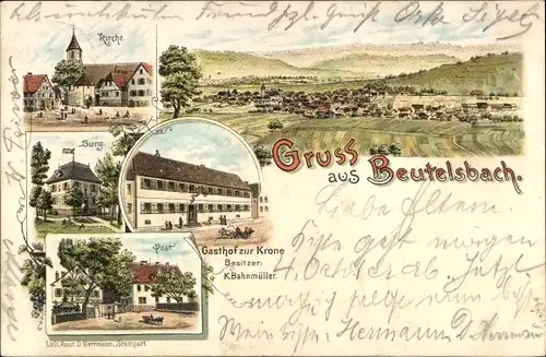 Litho Beutelsbach Weinstadt in Württemberg, Gasthof zur Krone, Kirche, Burg, Totalansicht