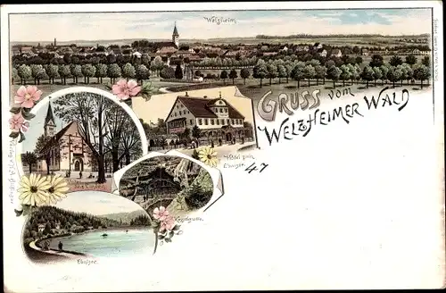 Litho Welzheim Rems Murr Kreis, Hotel zum Ebnisee, Kesselgrotte, Unter den Linden, Partie am Ebnisee