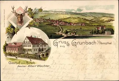 Litho Grunbach Remshalden im Rems Murr Kreis, Gasthof zum Hirsch, Bes. Albert Wachter, Jagdtrophäe