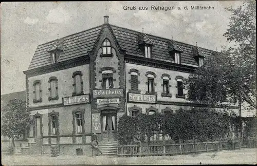 Ak Rehagen an der Militärbahn Klausdorf am Mellensee, Gasthaus, Reklame Schultheiss