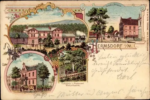 Litho Berlin Reinickendorf Hermsdorf, Hermsdorf in der Mark, Restaurant Waldschlösschen, Bahnhof