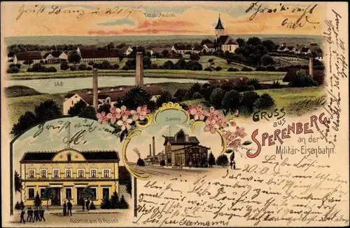 Litho Sperenberg an der Militärbahn Mellensee Brandenburg, Bahnhof, Gasthof G. Posselt, Panorama