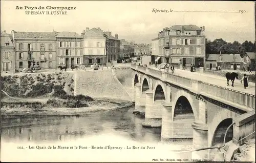 Ak Epernay Marne, Les Quais de la Marne, Le Pont, Entree d'Epernay, La Rue du Pont