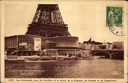 Ak Paris VII, Internationale Ausstellung 1937, Der Eiffelturm, Die Pavillons der Schweiz, Belgien