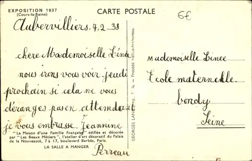 Ak Paris, Internationale Ausstellung 1937, Das Haus einer französischen Familie, Esszimmer