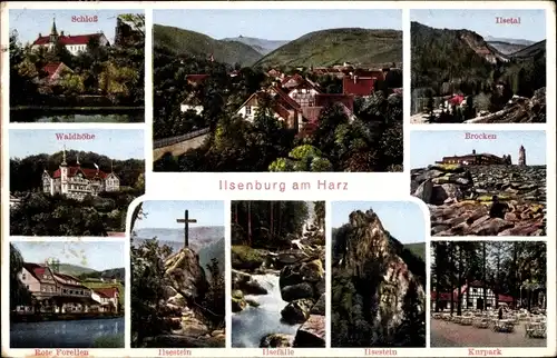 Ak Ilsenburg im Harz, Waldhöhe, Schloss, Brocken, Kurpark, Ilsestein, Hotel Forellen