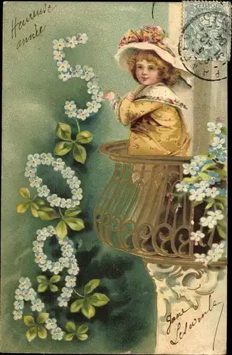 Präge Litho Glückwunsch Neujahr, Jahreszahl 1905, Kleeblätter, Frau