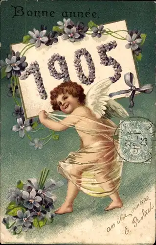 Präge Litho Glückwunsch Neujahr, Engel, Jahreszahl 1905, Veilchen