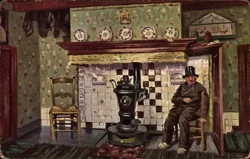 Künstler Ak Gerstenhauer, Mann in Stube, Ofen, Herd