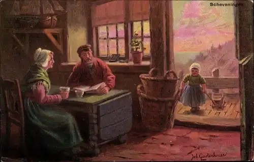 Künstler Ak Gerstenhauer, Johann Georg, Scheveningen, Familie in niederländischer Tracht