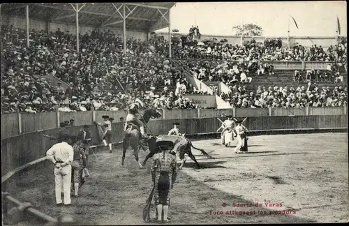 Ak Stierkampf, Rutenglück, Stier greift die Picadors an