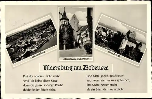 Ak Meersburg am Bodensee, Luftaufnahme, Marktplatz mit Obertor, Altes Schloss, Gedicht