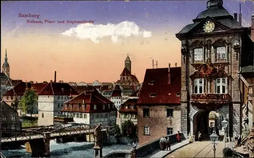 Ak Bamberg an der Regnitz Oberfranken, Rathaus, Pfarrkirche, Stephanskirche