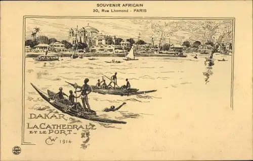 Künstler Ak Dakar Senegal, Die Kathedrale und der Hafen