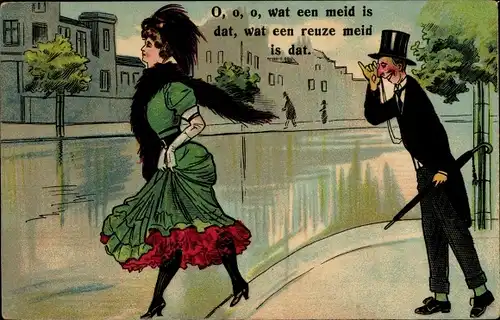 Künstler Ak Mann schaut junger Frau hinterher