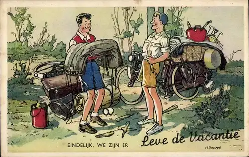 Künstler Ak Männer mit Fahrrädern im Urlaub, Zelt vor dem Aufbau