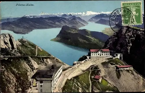 Ak Kanton Luzern Schweiz, Pilatus Kulm, Hotel, Vierwaldstättersee