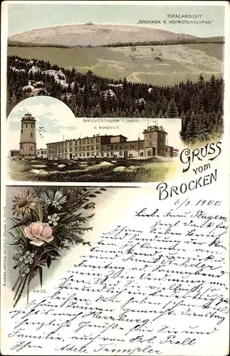 Litho Brocken Nationalpark Harz, Brockenhotel, Brockenturm, Brocken von den Hohnsteinklippen