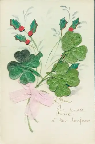 Stoff Ak Stoffschleife, Glücksklee, Kitsch